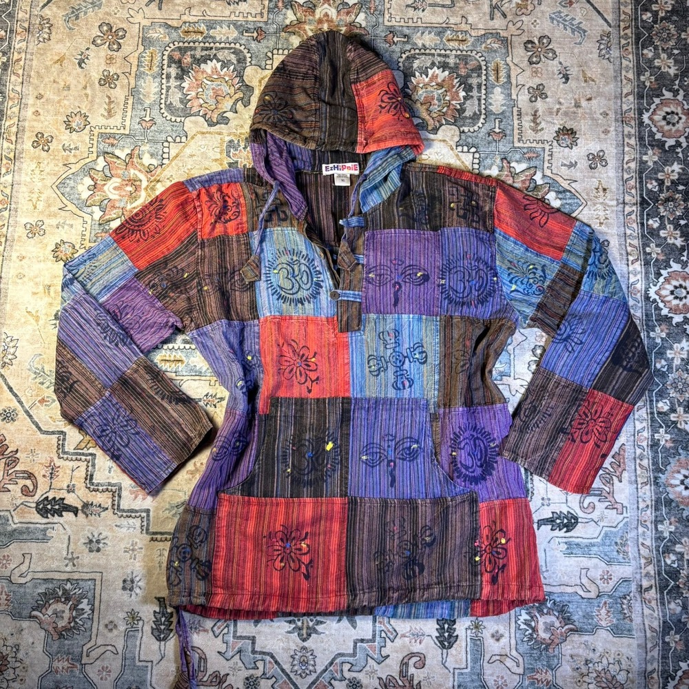 EzHippie Patchwork Hoodie XL Multicolor Om Buddha Eye Woven Cotton Nepal Pull On